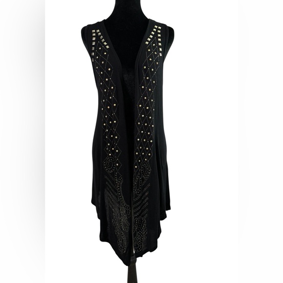 Vocal Jackets & Blazers - Vocal Black Long Vest with Rhinestone & Metal Studded Design, Size Large
